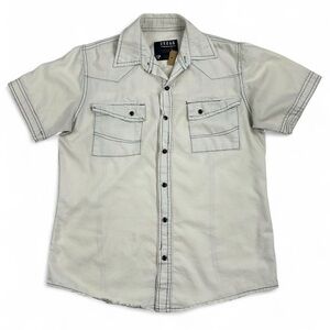 Y2K off white short sleeve button up with dark grey contrast stitching